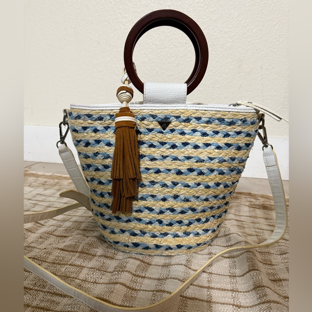 Sam Edelman Gracelyn Bucket Crossbody Stylish Woven Handbag with Tassel Accent